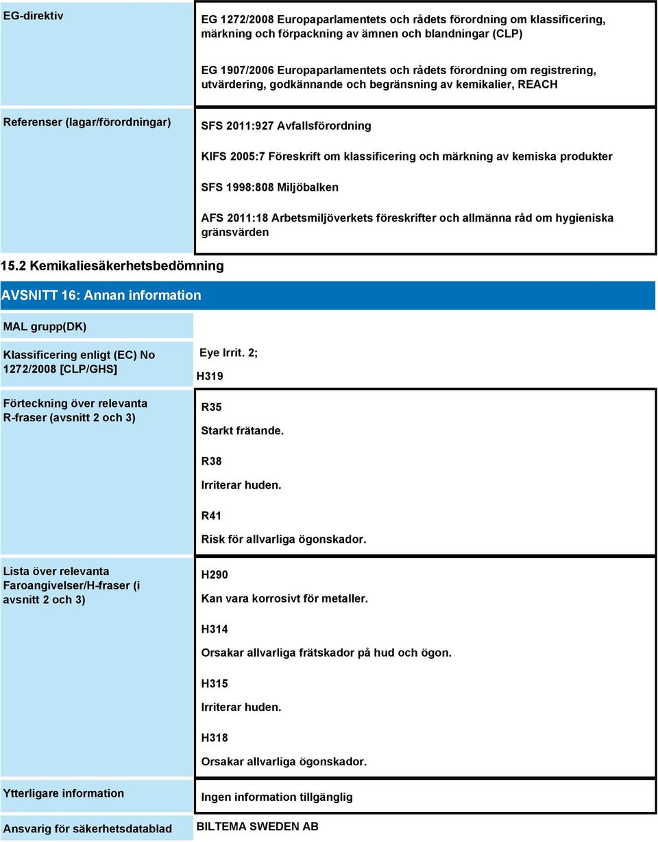 kemiska produkter SFS 1998:808 Miljöbalken AFS 2011:18 Arbetsmiljöverkets föreskrifter och allmänna råd om hygieniska gränsvärden 15.