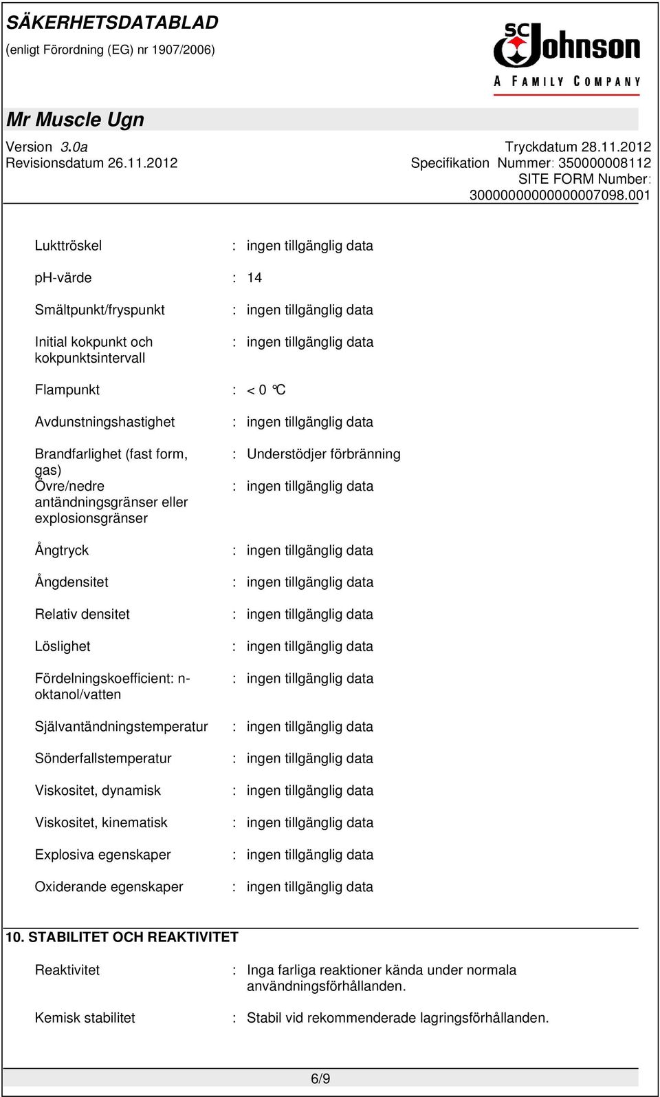 Självantändningstemperatur Sönderfallstemperatur Viskositet, dynamisk Viskositet, kinematisk Explosiva egenskaper Oxiderande egenskaper : Understödjer förbränning