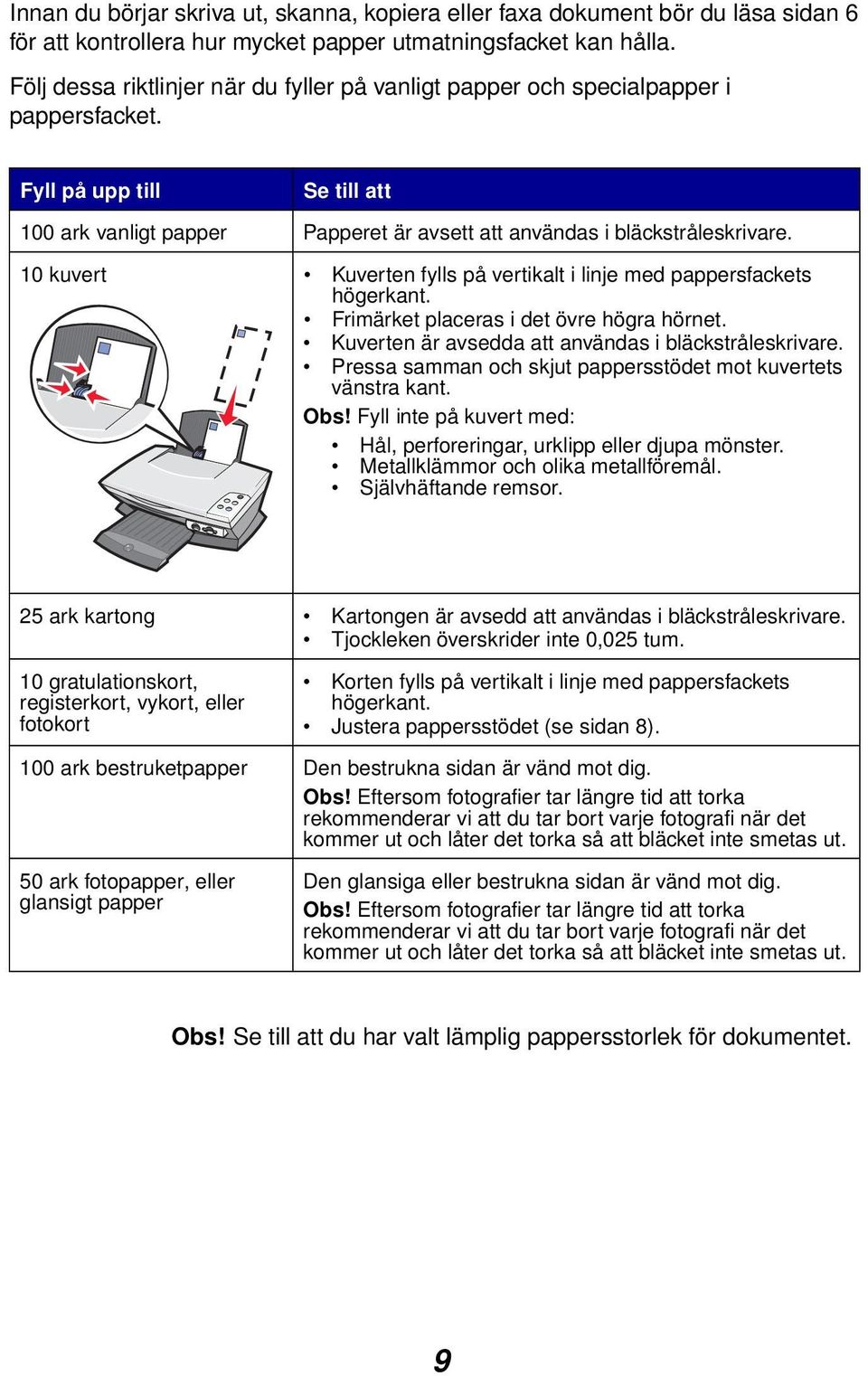 10 kuvert Kuverten fylls på vertikalt i linje med pappersfackets högerkant. Frimärket placeras i det övre högra hörnet. Kuverten är avsedda att användas i bläckstråleskrivare.