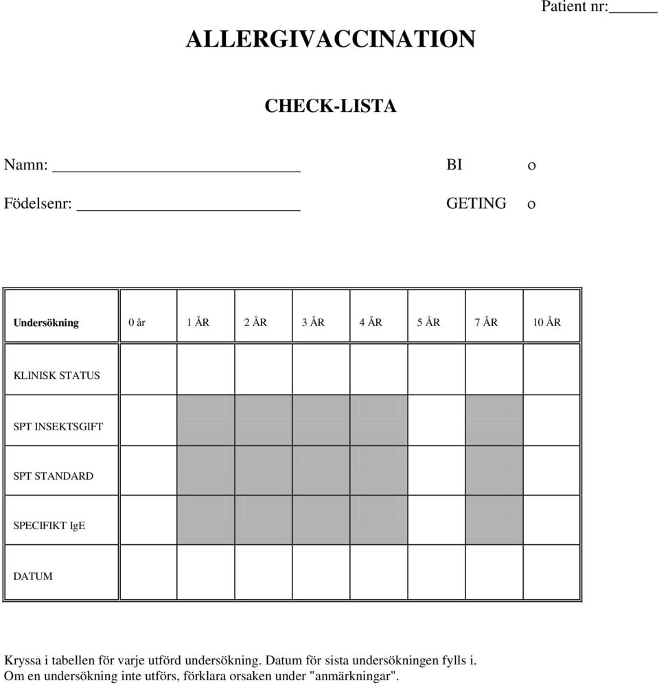 SPECIFIKT IgE DATUM Kryssa i tabellen för varje utförd undersökning.