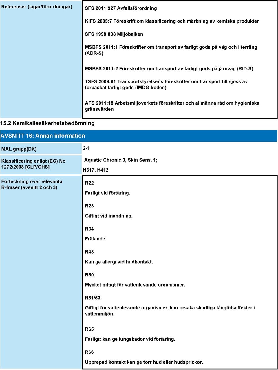 av förpackat farligt gods (IMDG-koden) AFS 2011:18 Arbetsmiljöverkets föreskrifter och allmänna råd om hygieniska gränsvärden 15.