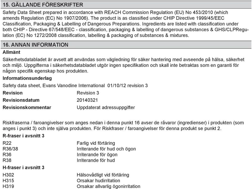 Ingredients are listed with classification under both CHIP - Directive 67/548/EEC - classification, packaging & labelling of dangerous substances & GHS/CLPRegulation (EC) No 1272/2008 classification,