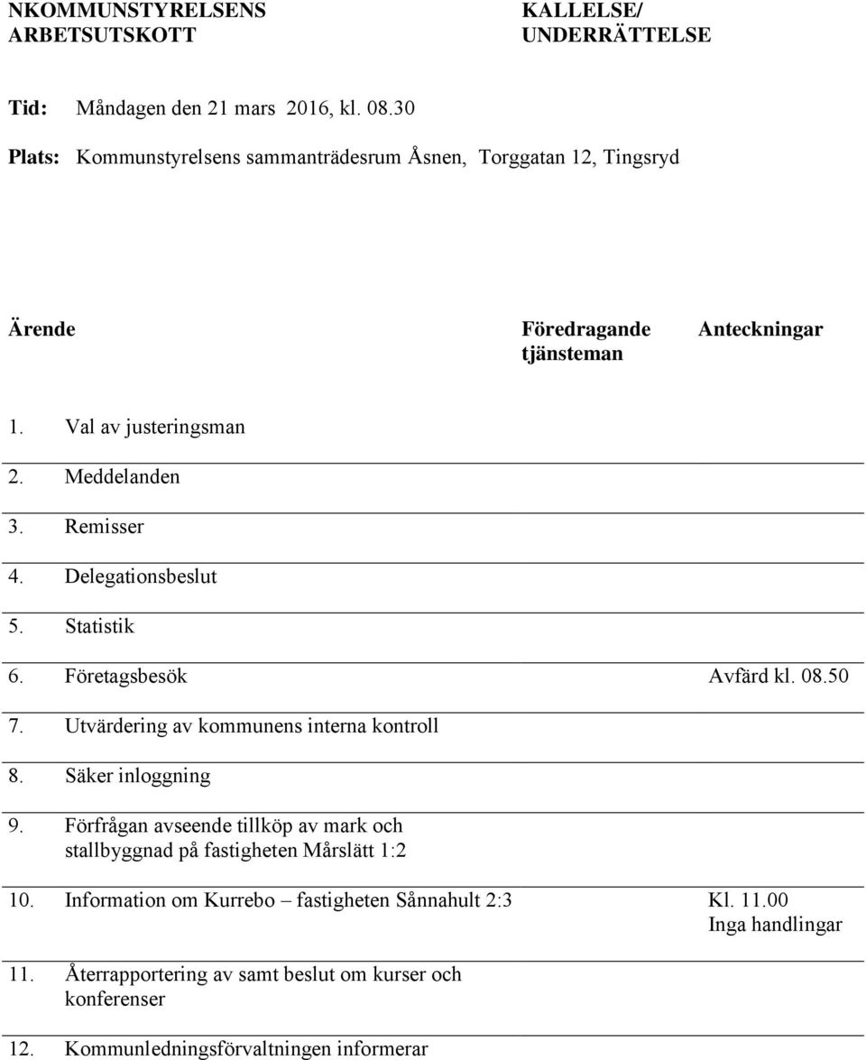 Remisser 4. Delegationsbeslut 5. Statistik 6. Företagsbesök Avfärd kl. 08.50 7. Utvärdering av kommunens interna kontroll 8. Säker inloggning 9.