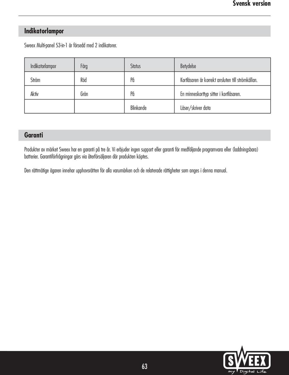 Aktiv Grön På En minneskorttyp sitter i kortläsaren. Blinkande Läser/skriver data Garanti Produkter av märket Sweex har en garanti på tre år.
