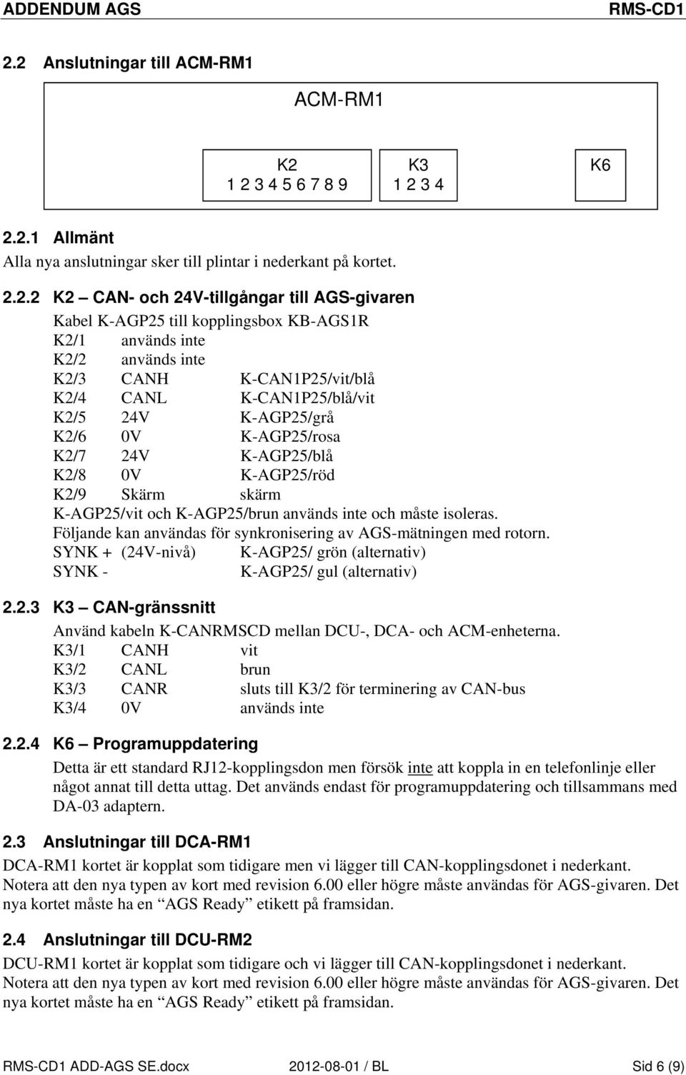 K2/8 0V K-AGP25/röd K2/9 Skärm skärm K-AGP25/vit och K-AGP25/brun används inte och måste isoleras. Följande kan användas för synkronisering av AGS-mätningen med rotorn.