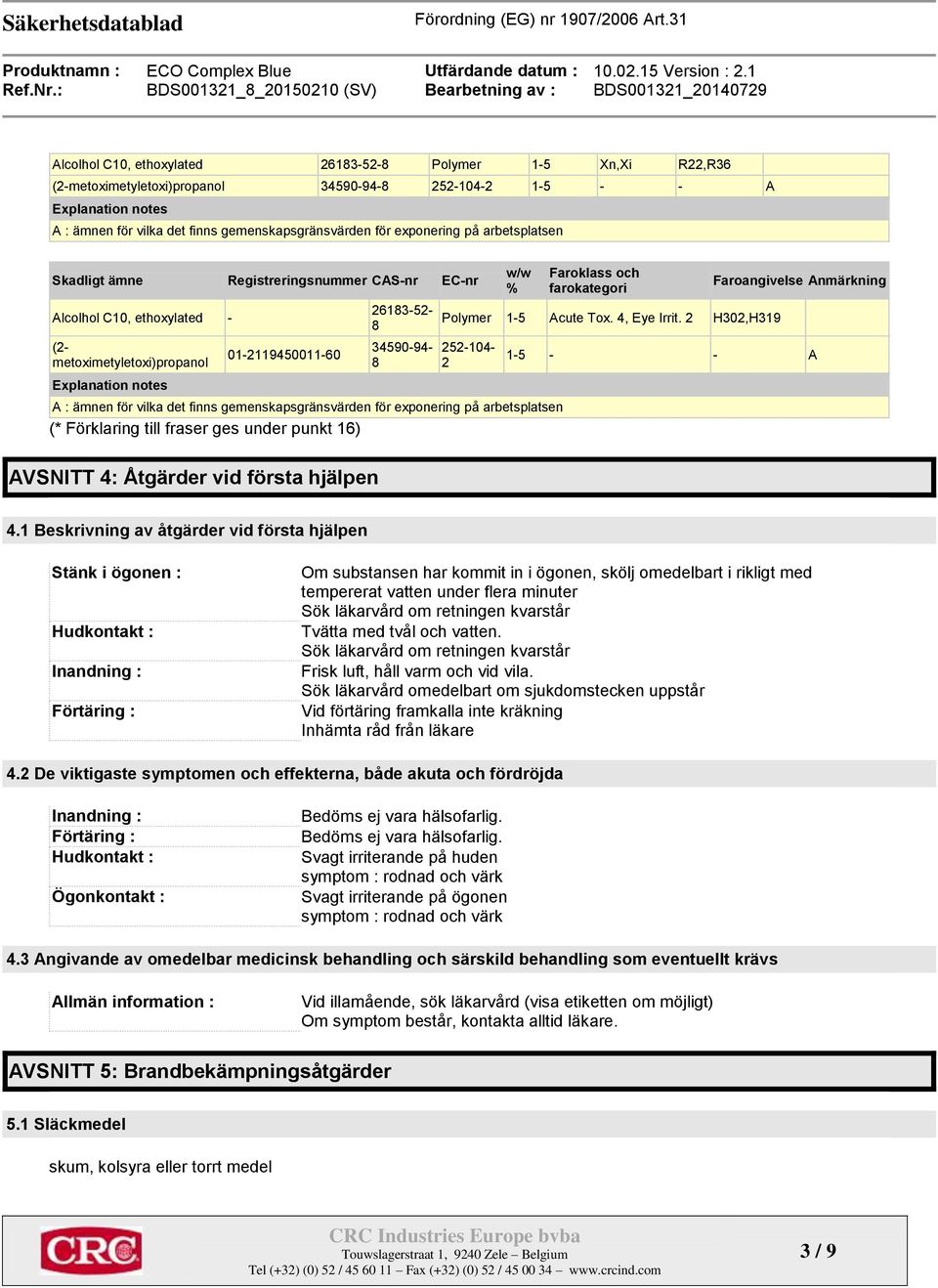 Faroklass och farokategori Polymer 1-5 Acute Tox. 4, Eye Irrit.