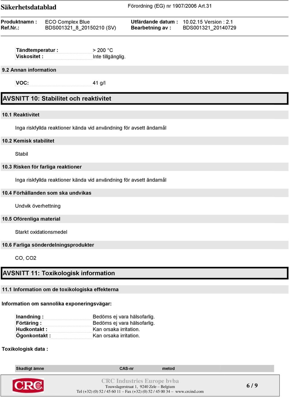 3 Risken för farliga reaktioner Inga riskfyllda reaktioner kända vid användning för avsett ändamål 10.4 Förhållanden som ska undvikas Undvik överhettning 10.