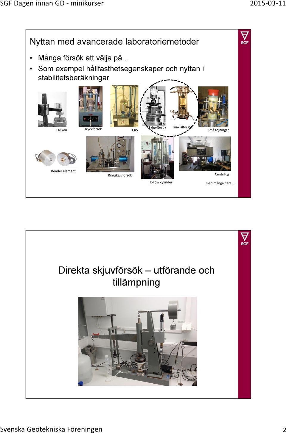 Skjuvförsök Triaxialförsök Små töjningar Bender element Ringskjuvförsök Centrifug Hollow