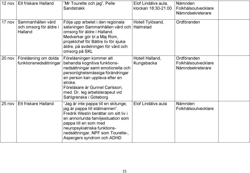 Medverkar gör bl a Maj Rom, projektchef för Bättre liv för sjuka äldre, på avdelningen för vård och omsorg på SKL Föreläsningen kommer att behandla kognitiva funktionsnedsättningar samt emotionella