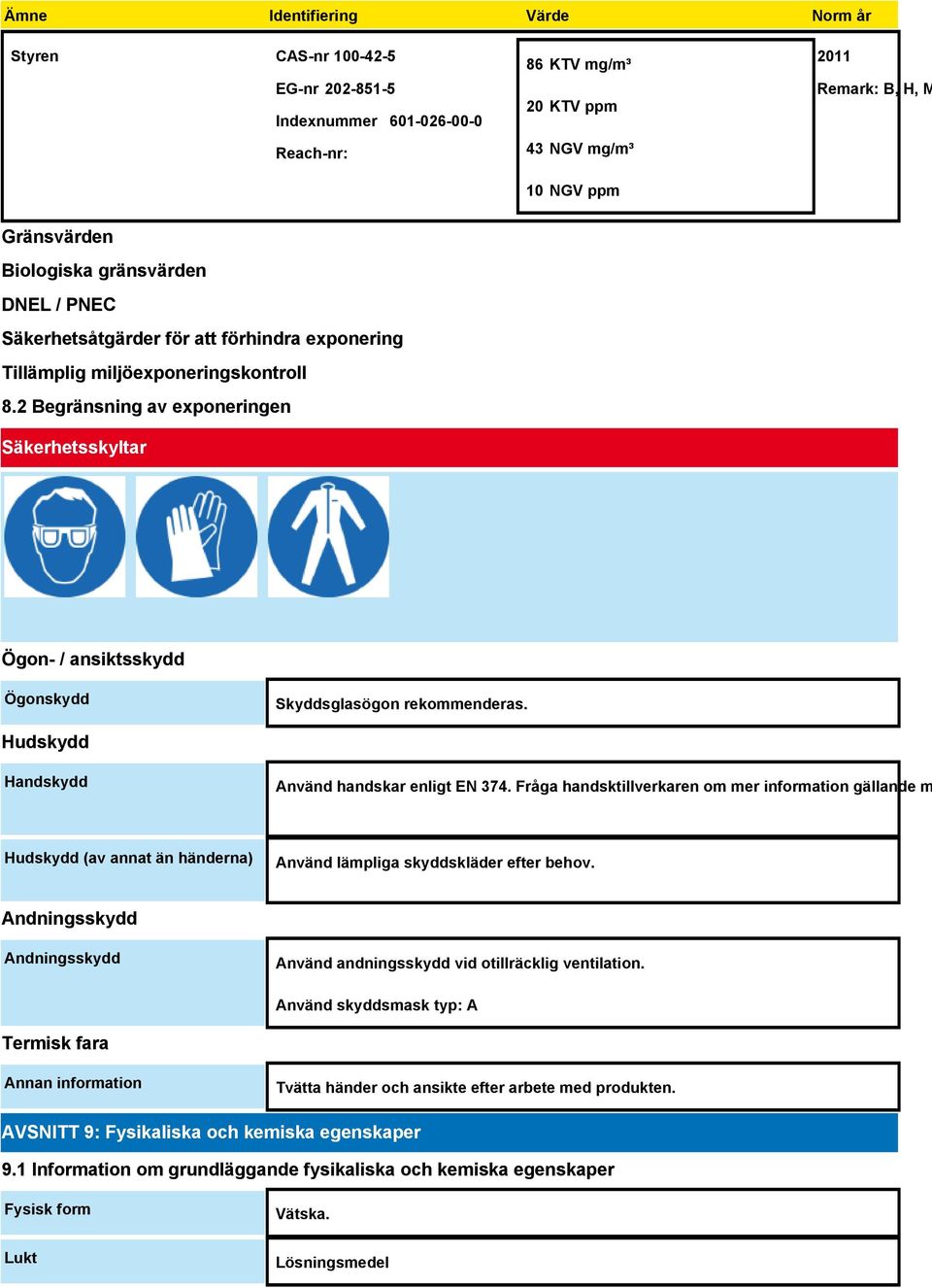 2 Begränsning av exponeringen Säkerhetsskyltar Ögon- / ansiktsskydd Ögonskydd Skyddsglasögon rekommenderas. Hudskydd Handskydd Använd handskar enligt EN 374.