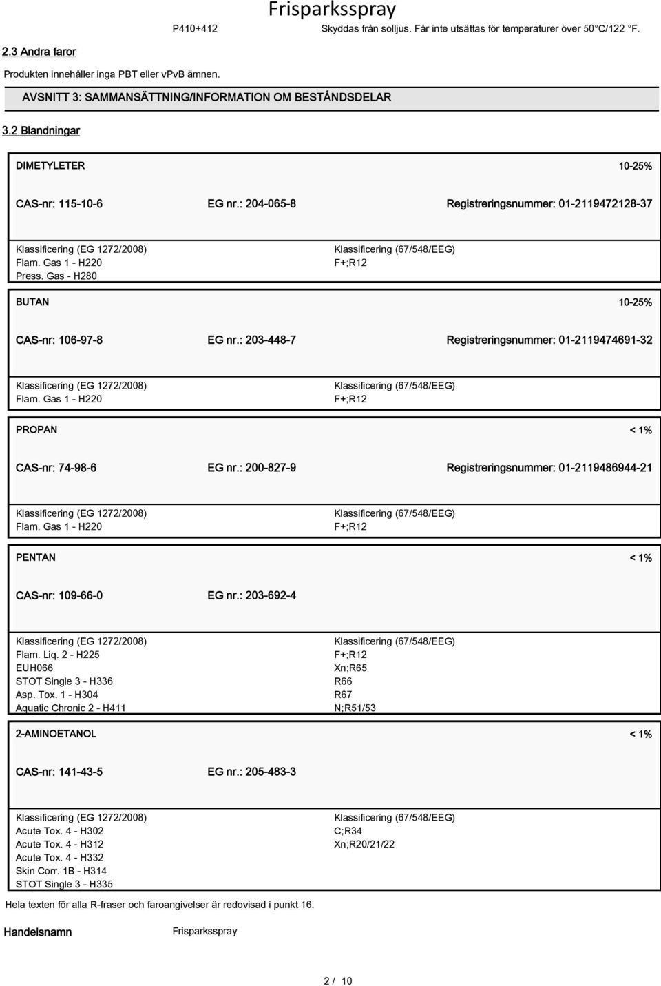 Gas - H280 Klassificering (67/548/EEG) F+;R12 BUTAN 10-25% CAS-nr: 106-97-8 EG nr.: 203-448-7 Registreringsnummer: 01-2119474691-32 Flam.