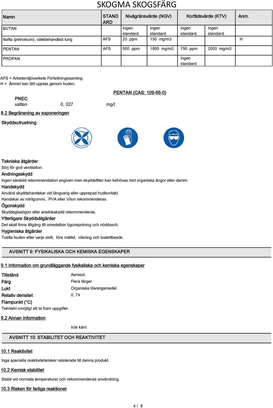 H = Ämnet kan lätt upptas genom huden. PENTAN (CAS: 109-66-0) PNEC vatten 0, 027 mg/l 8.2 Begränsning av exponeringen Skyddsutrustning Tekniska åtgärder Sörj för god ventilation.