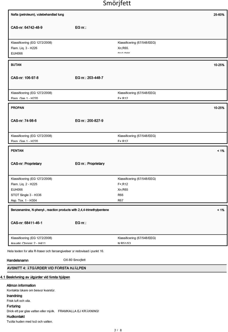 Tox. 1 - H304 Aquatic Chronic 2 - H411 Benzenamine, N-phenyl-, reaction products with 2,4,4-trimethylpentene F+;R12 Xn;R65 R66 R67 N;R51/53 < 1% CAS-nr: 68411-46-1 EG nr.