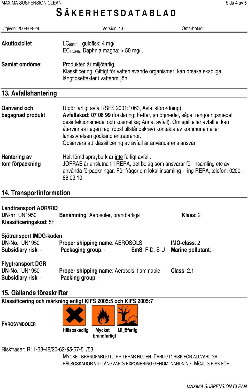 Avfallshantering Oanvänd och begagnad produkt Hantering av tom förpackning Utgör farligt avfall (SFS 2001:1063, Avfallsförordning).