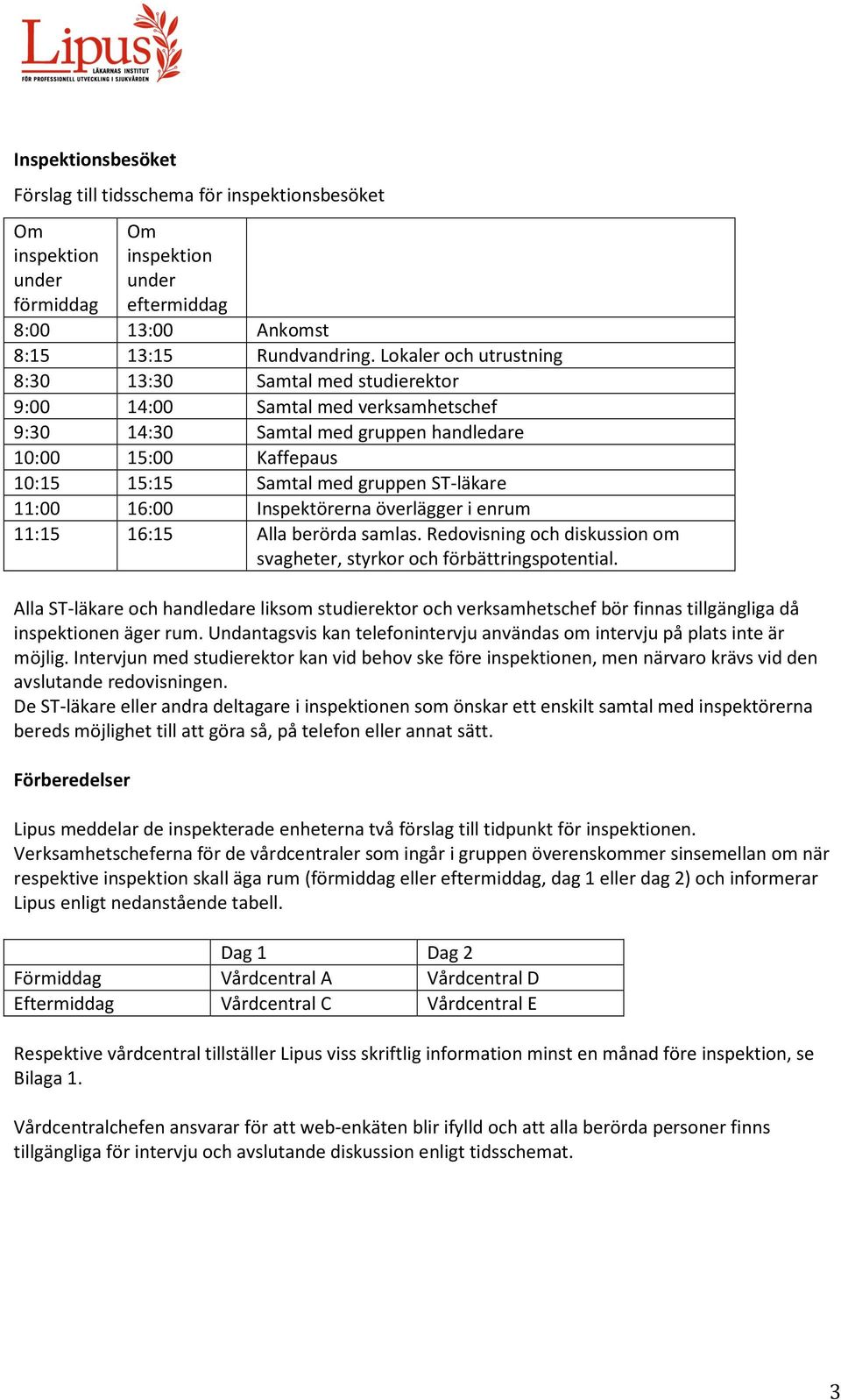 11:00 16:00 Inspektörerna överlägger i enrum 11:15 16:15 Alla berörda samlas. Redovisning och diskussion om svagheter, styrkor och förbättringspotential.