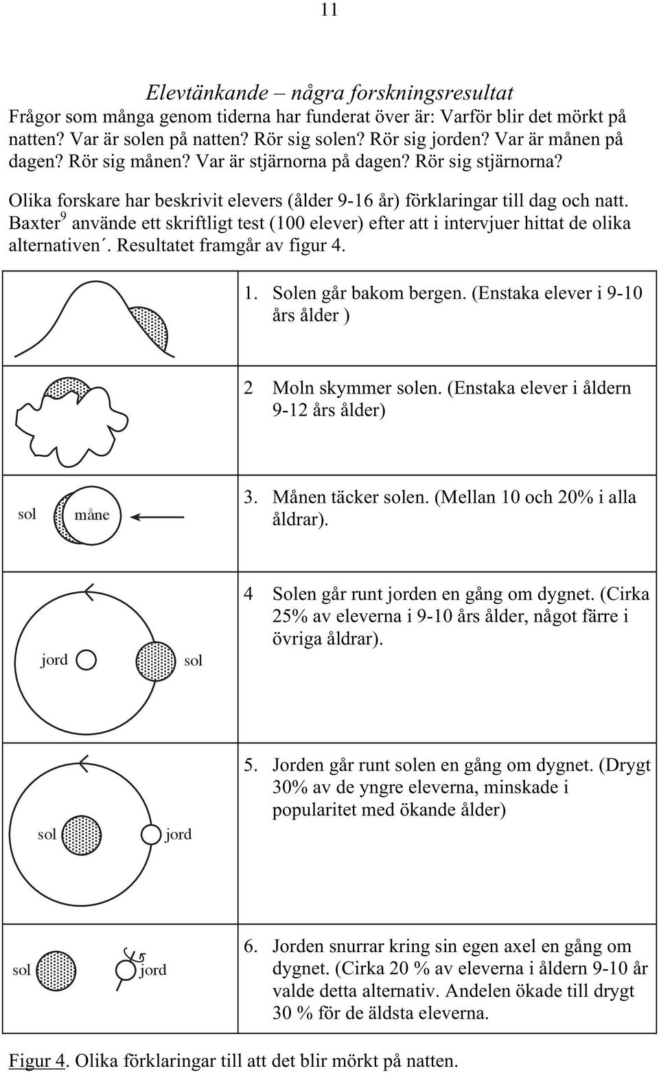 Baxter 9 använde ett skriftligt test (100 elever) efter att i intervjuer hittat de olika alternativen. Resultatet framgår av figur 4. 1. Solen går bakom bergen.
