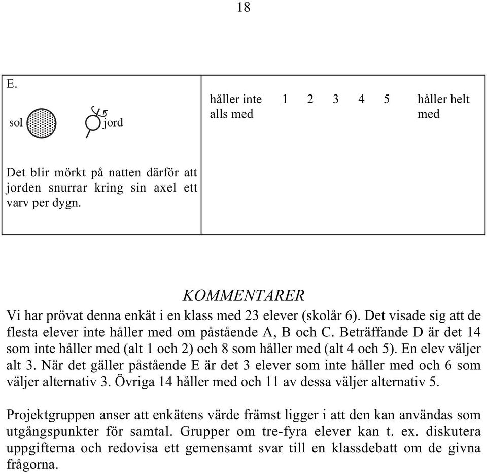 Beträffande D är det 14 som inte håller med (alt 1 och 2) och 8 som håller med (alt 4 och 5). En elev väljer alt 3.