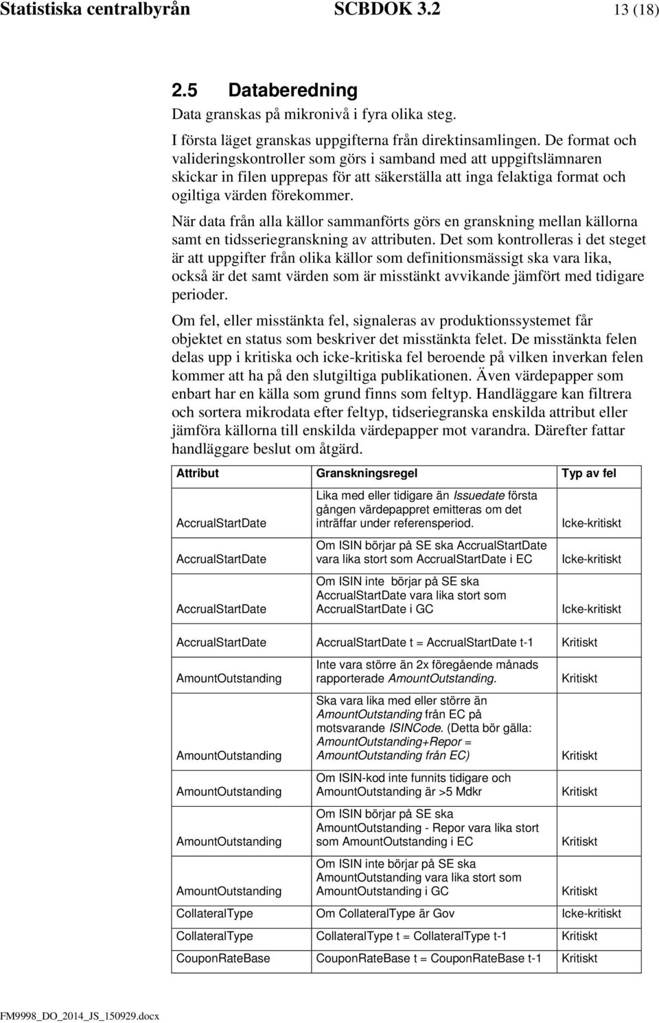 När data från alla källor sammanförts görs en granskning mellan källorna samt en tidsseriegranskning av attributen.