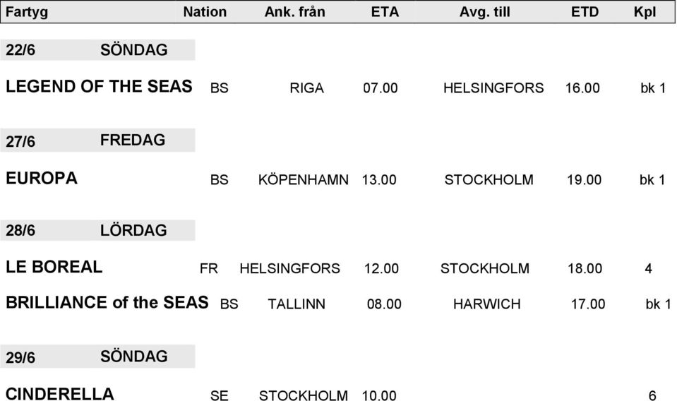 00 bk 1 27/6 FREDAG EUROPA BS KÖPENHAMN 13.00 STOCKHOLM 19.