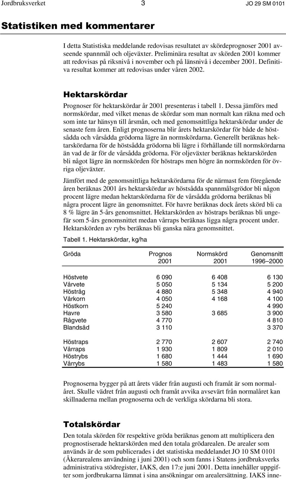 Prognoser för hektarskördar år 2001 presenteras i tabell 1.