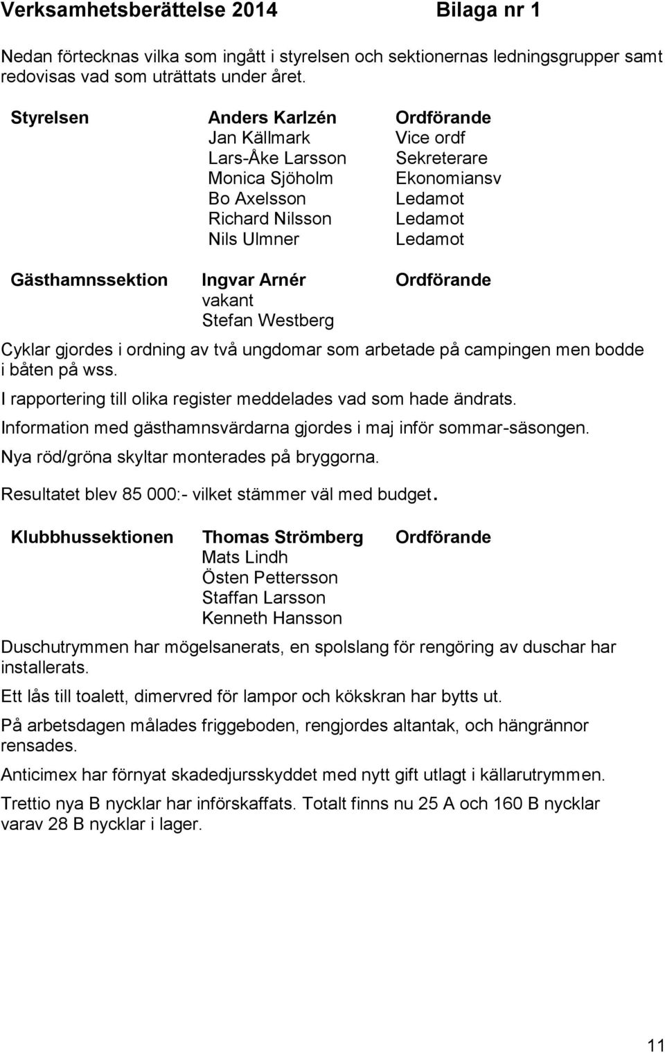 Ingvar Arnér Ordförande vakant Stefan Westberg Cyklar gjordes i ordning av två ungdomar som arbetade på campingen men bodde i båten på wss.
