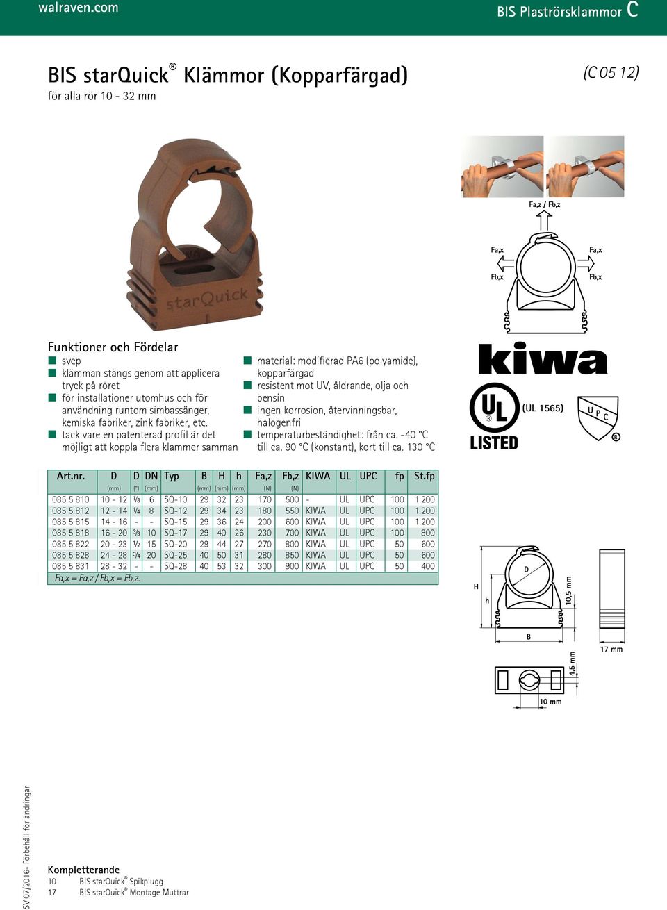 tack vare en patenterad profil är det möjligt att koppla flera klammer samman material: modifierad PA6 (polyamide), kopparfärgad resistent mot UV, åldrande, olja och bensin ingen korrosion,