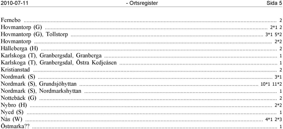 .. 1 Karlskoga (T), Granbergsdal, Östra Kedjeåsen...1 Kristianstad... 2 Nordmark(S).