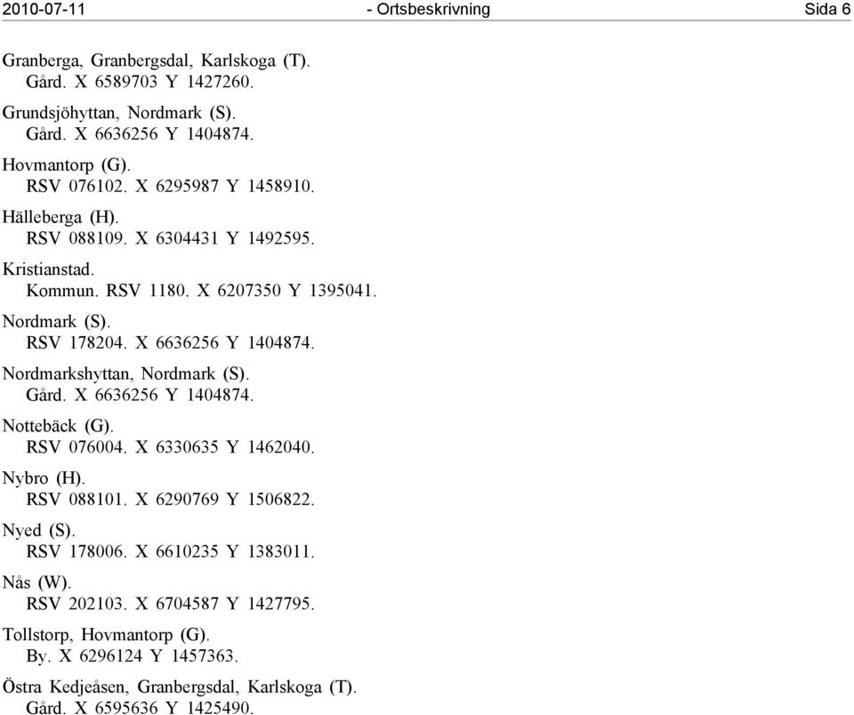 X 6636256 Y 1404874. Nordmarkshyttan, Nordmark(S). Gård. X 6636256 Y 1404874. Nottebäck (G). RSV 076004. X 6330635 Y 1462040. Nybro (H). RSV 088101. X 6290769 Y 1506822.
