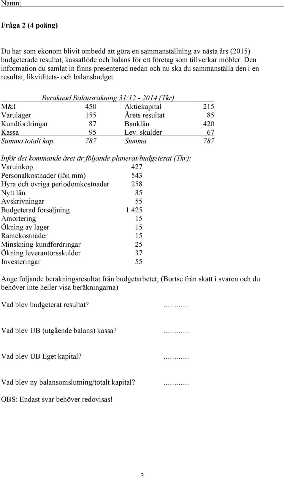 Beräknad Balansräkning 31/12-2014 (Tkr) M&I 450 Aktiekapital 215 Varulager 155 Årets resultat 85 Kundfordringar 87 Banklån 420 Kassa 95 Lev. skulder 67 Summa totalt kap.