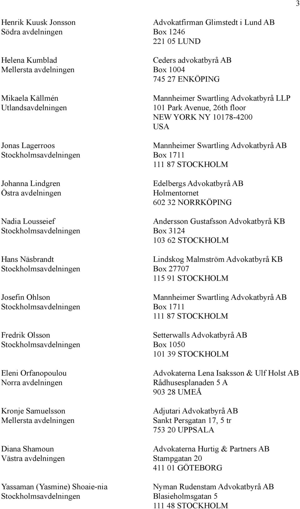 Advokatbyrå KB Box 3124 103 62 STOCKHOLM Hans Näsbrandt Lindskog Malmström Advokatbyrå KB Box 27707 115 91 STOCKHOLM Josefin Ohlson Fredrik Olsson Setterwalls Advokatbyrå AB Box 1050 101 39 STOCKHOLM