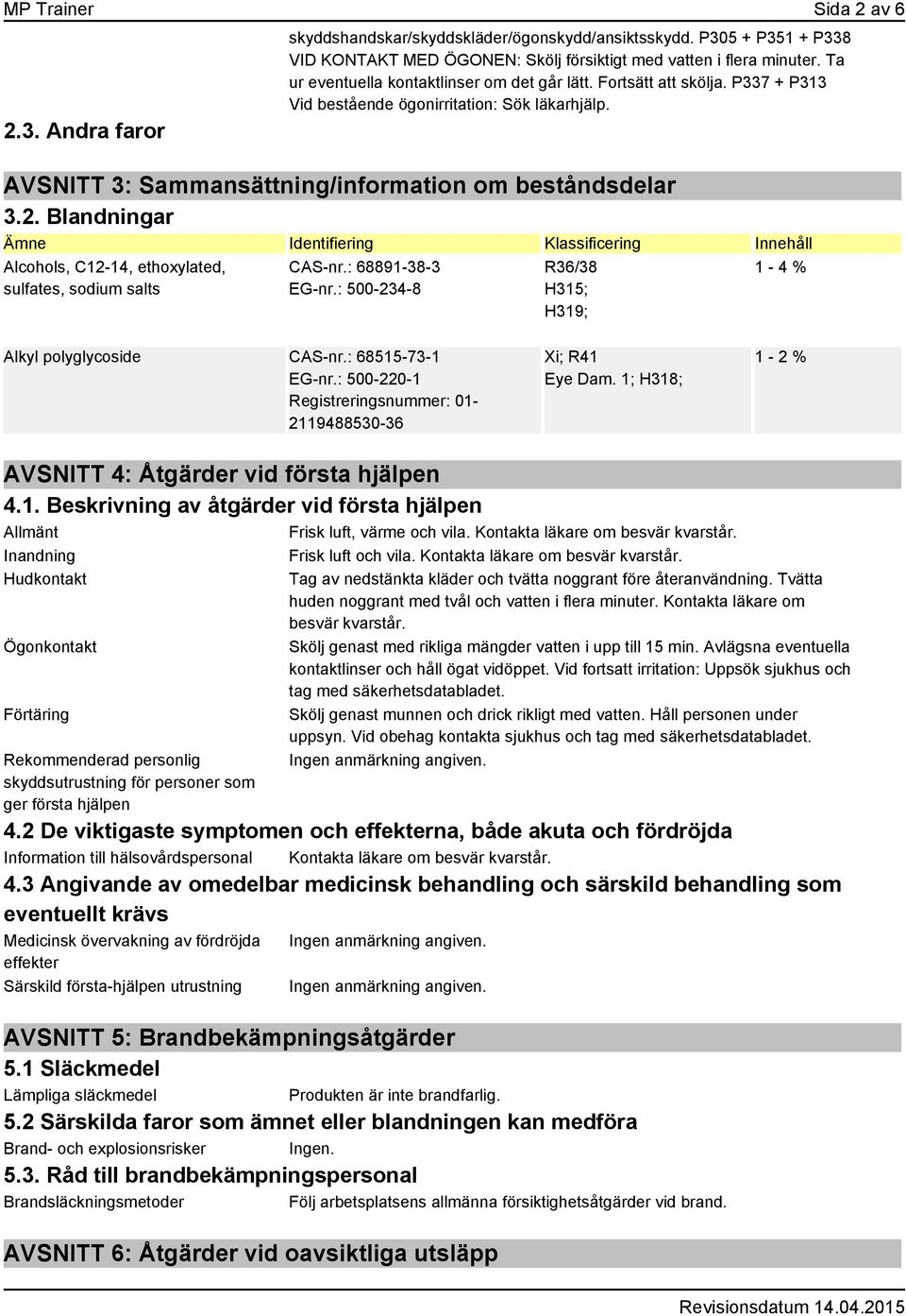 Blandningar Identifiering Klassificering Innehåll Alcohols, C12-14, ethoxylated, sulfates, sodium salts CAS-nr.: 68891-38-3 EG-nr.: 500-234-8 R36/38 H315; H319; 1-4 % Alkyl polyglycoside CAS-nr.