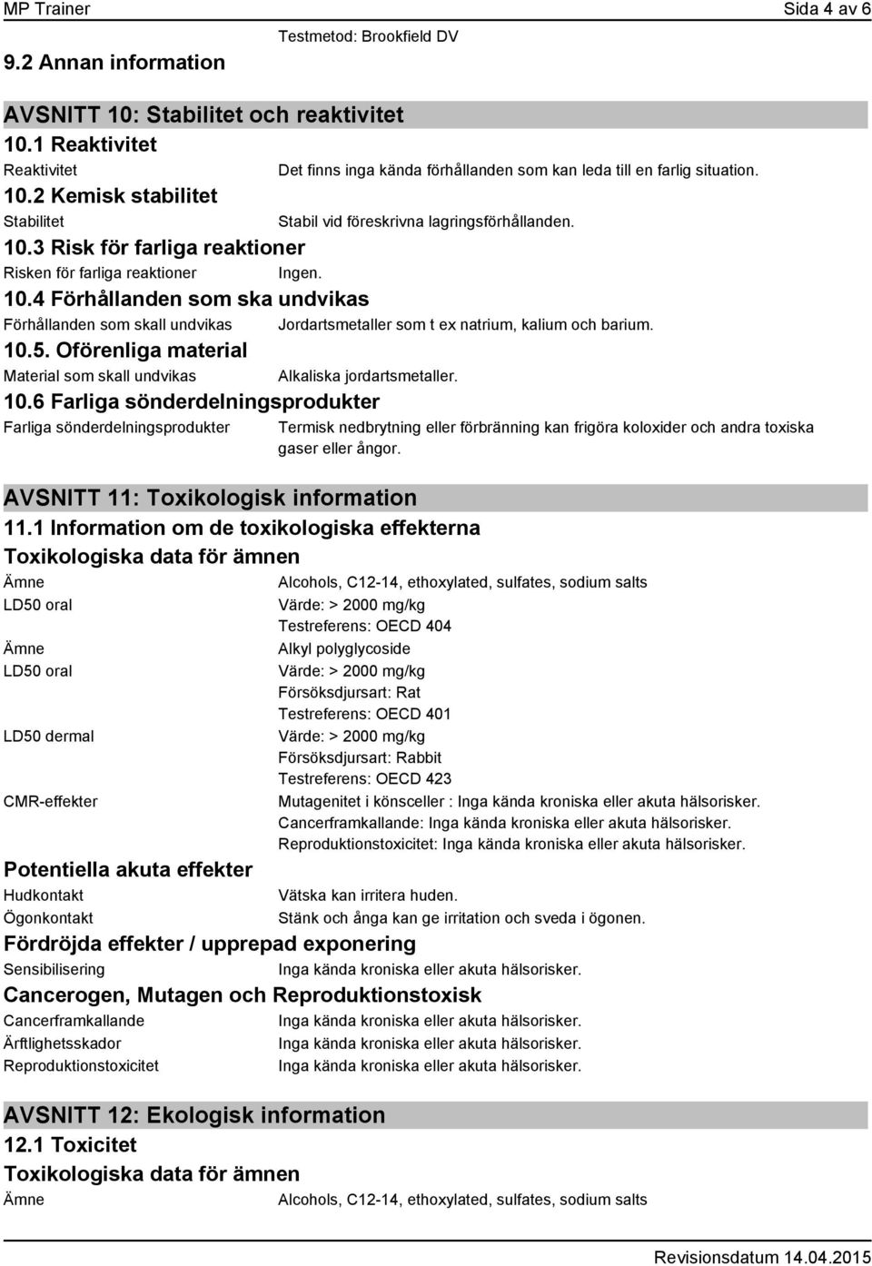 10.5. Oförenliga material Material som skall undvikas Alkaliska jordartsmetaller. 10.