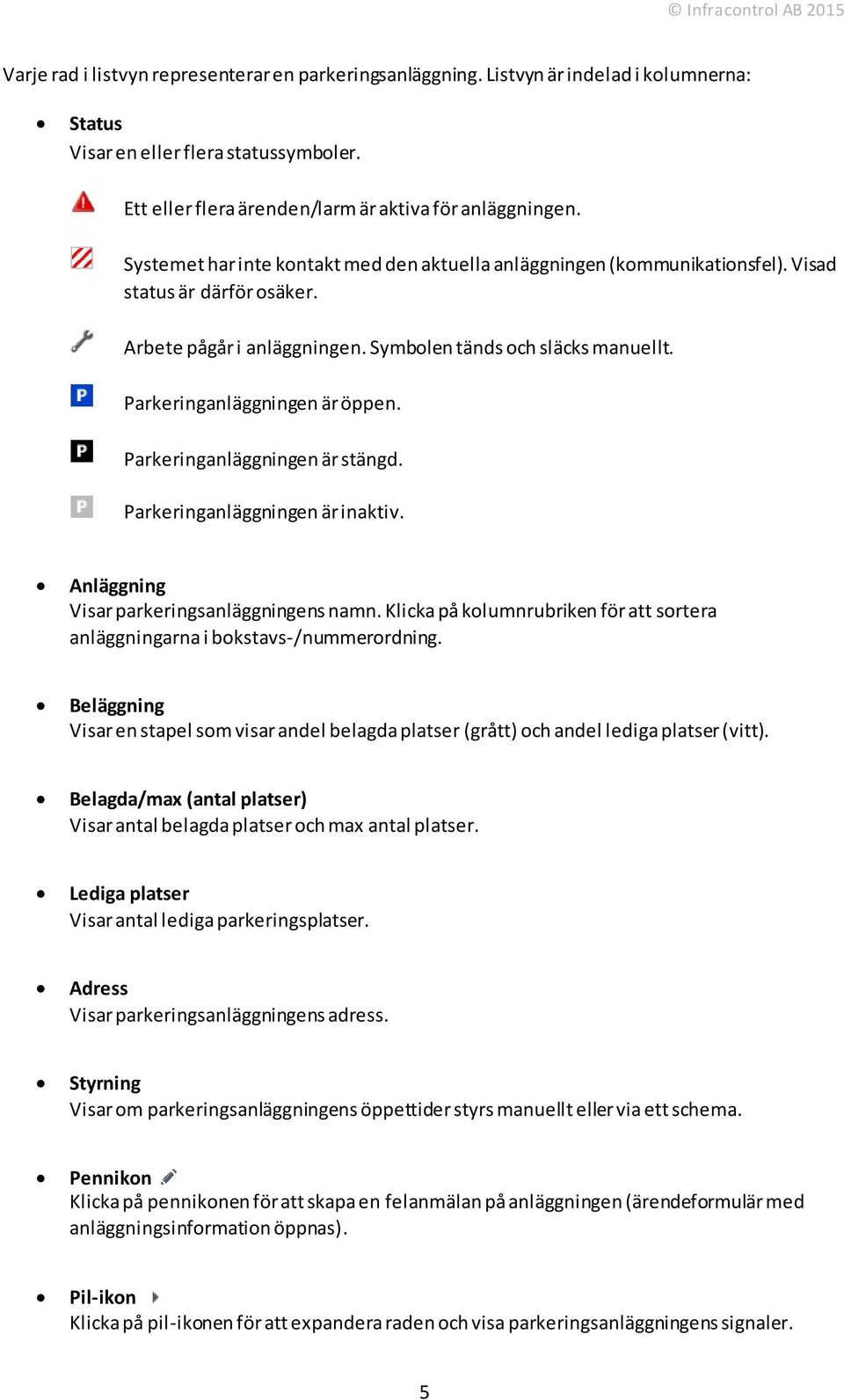 Parkeringanläggningen är öppen. Parkeringanläggningen är stängd. Parkeringanläggningen är inaktiv. Anläggning Visar parkeringsanläggningens namn.