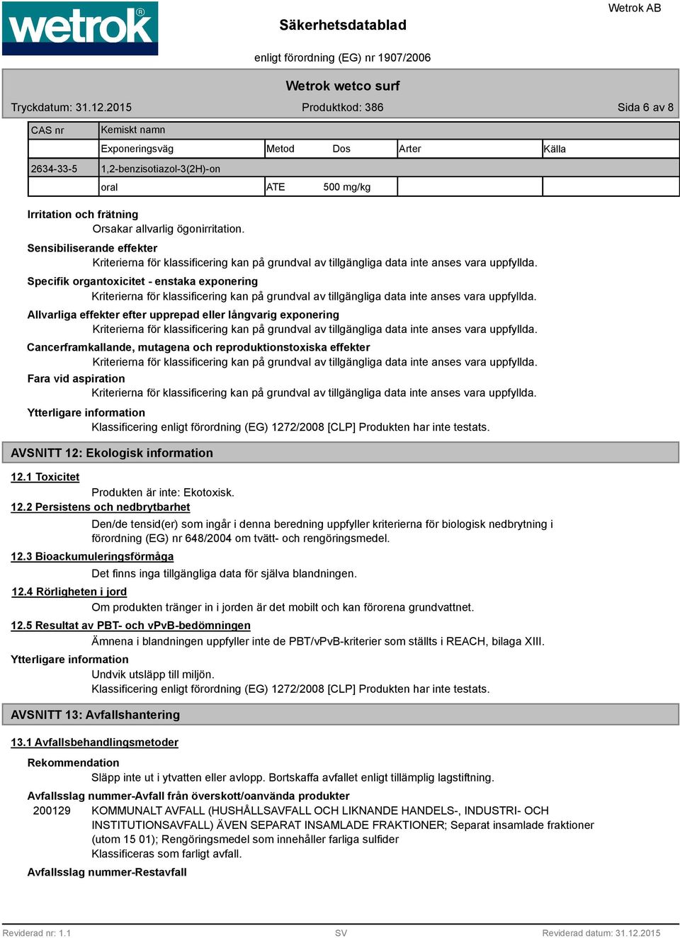 Fara vid aspiration Ytterligare information Klassificering enligt förordning (EG) 1272/2008 [CLP] Produkten har inte testats. AVSNITT 12: Ekologisk information 12.