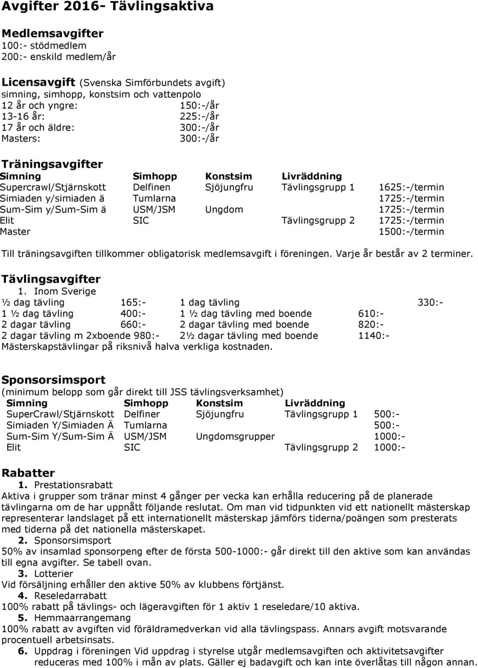 SIC Konstsim Sjöjungfru Ungdom Livräddning Tävlingsgrupp 1 Tävlingsgrupp 2 1625:-/termin 1725:-/termin 1725:-/termin 1725:-/termin 1500:-/termin Till träningsavgiften tillkommer obligatorisk