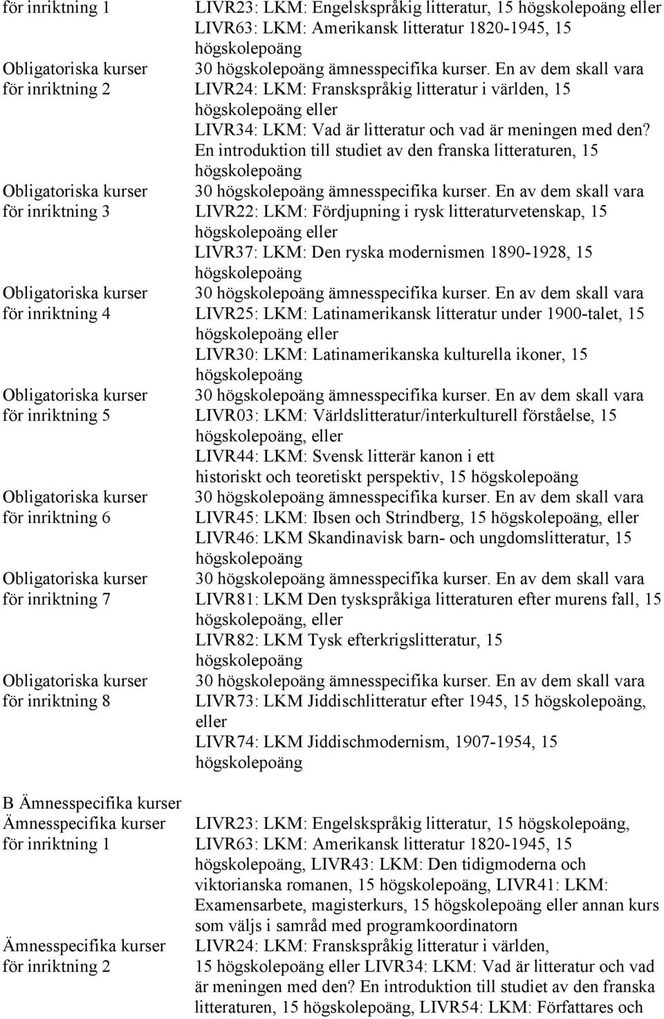 En introduktion till studiet av den franska en, 15 Obligatoriska kurser 30 ämnesspecifika kurser.