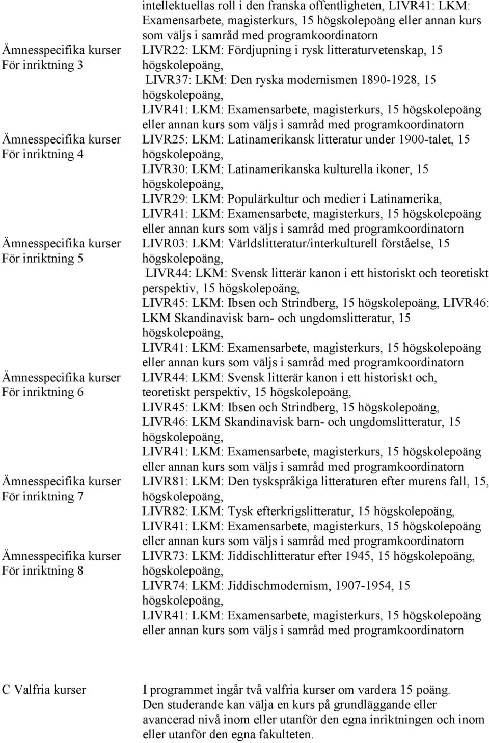 LKM: Latinamerikansk under 1900-talet, 15 För inriktning 4, LIVR30: LKM: Latinamerikanska kulturella ikoner, 15, LIVR29: LKM: Populärkultur och medier i Latinamerika, LIVR41: LKM: Examensarbete,