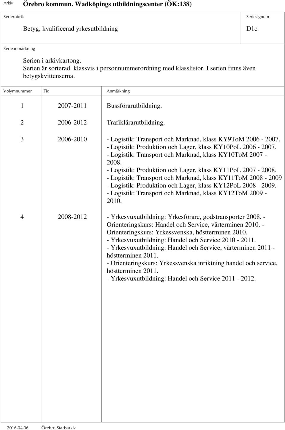 - Logistik: Transport och Marknad, klass KY10ToM 2007-2008. - Logistik: Produktion och Lager, klass KY11PoL 2007-2008.