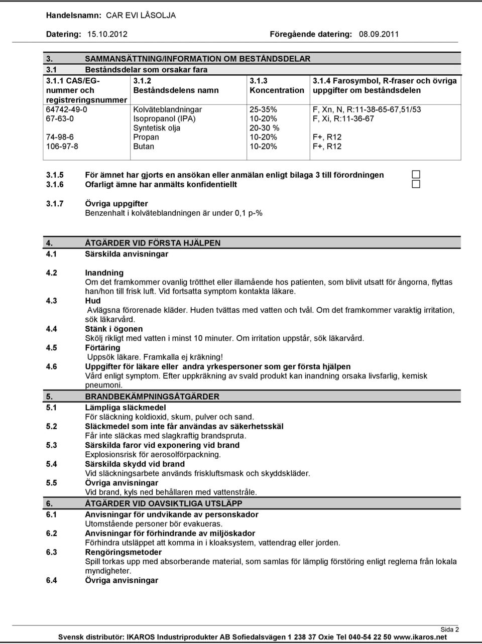 1.6 Ofarligt ämne har anmälts konfidentiellt 3.1.7 Övriga uppgifter Benzenhalt i kolväteblandningen är under 0,1 p% 4. ÅTGÄRDER VID FÖRSTA HJÄLPEN 4.1 Särskilda anvisningar 4.
