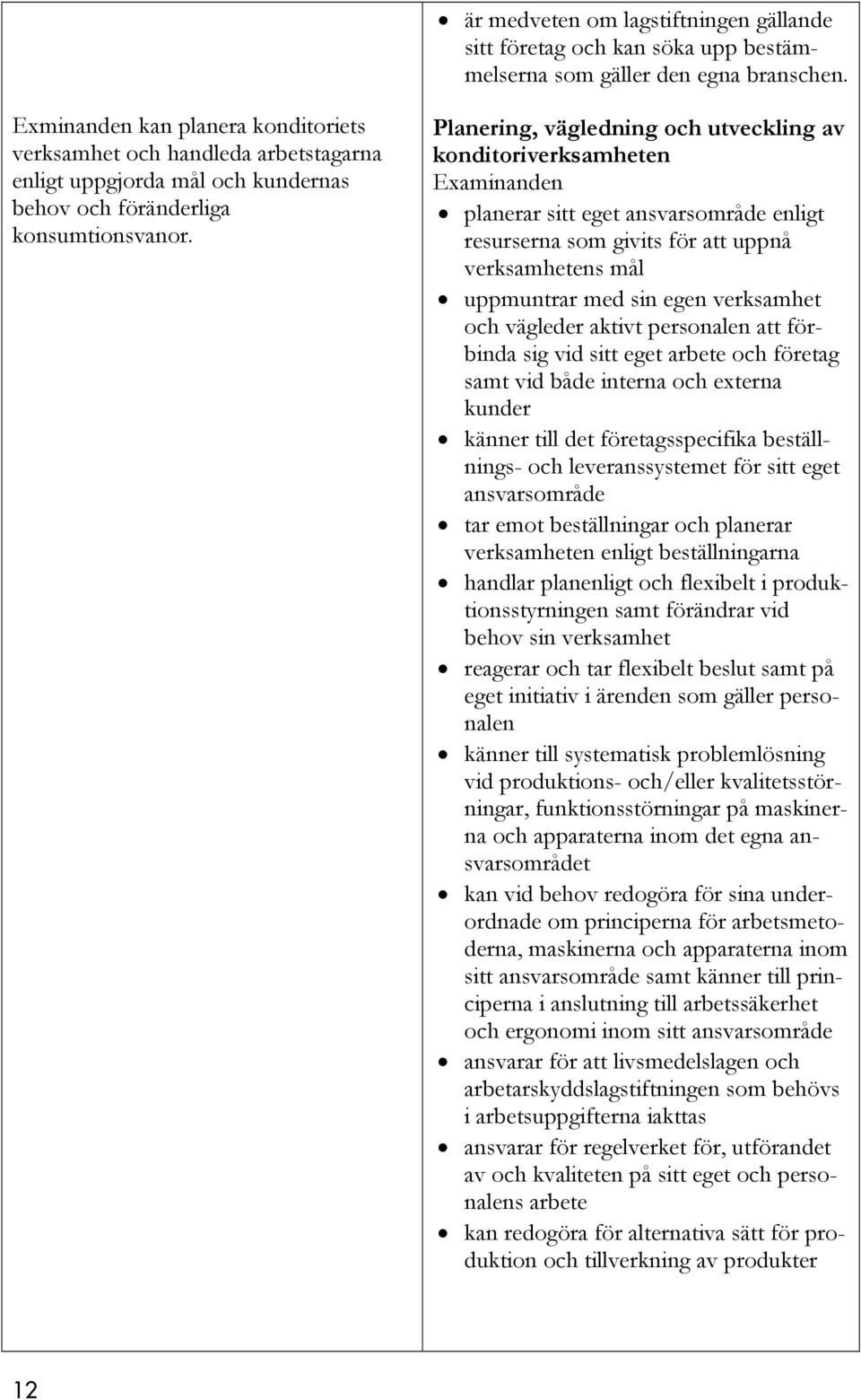 Planering, vägledning och utveckling av konditoriverksamheten planerar sitt eget ansvarsområde enligt resurserna som givits för att uppnå verksamhetens mål uppmuntrar med sin egen verksamhet och