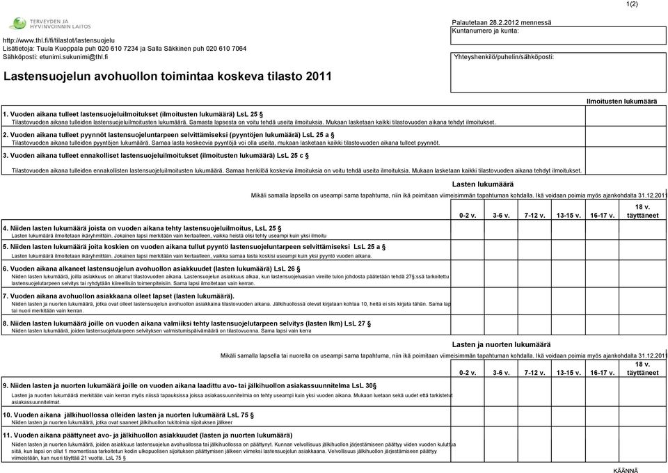 fi Yhteyshenkilö/puhelin/sähköposti: Lastensuojelun avohuollon toimintaa koskeva tilasto 2011 Ilmoitusten lukumäärä 1.