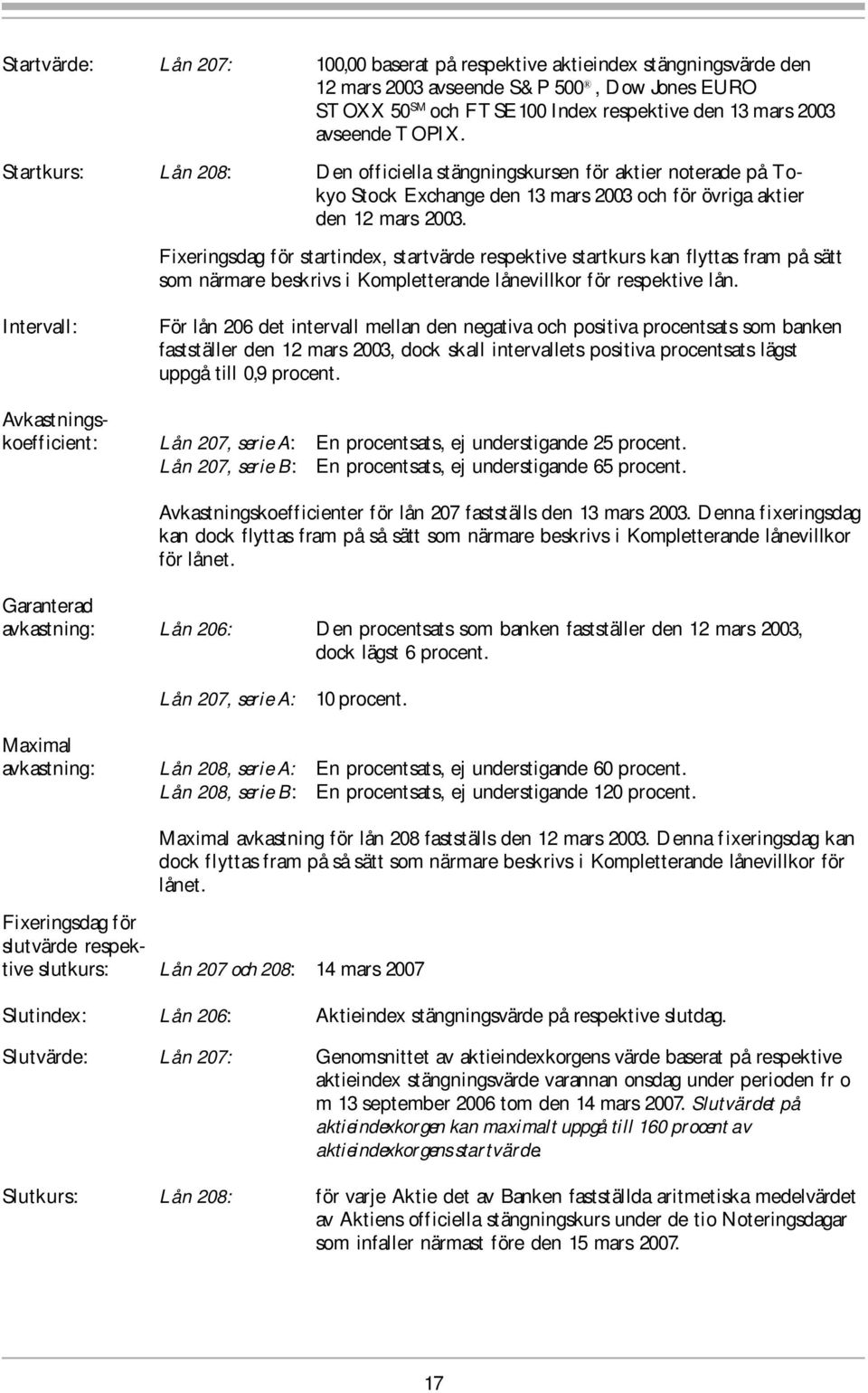 Fixeringsdag för startindex, startvärde respektive startkurs kan flyttas fram på sätt som närmare beskrivs i Kompletterande lånevillkor för respektive lån.