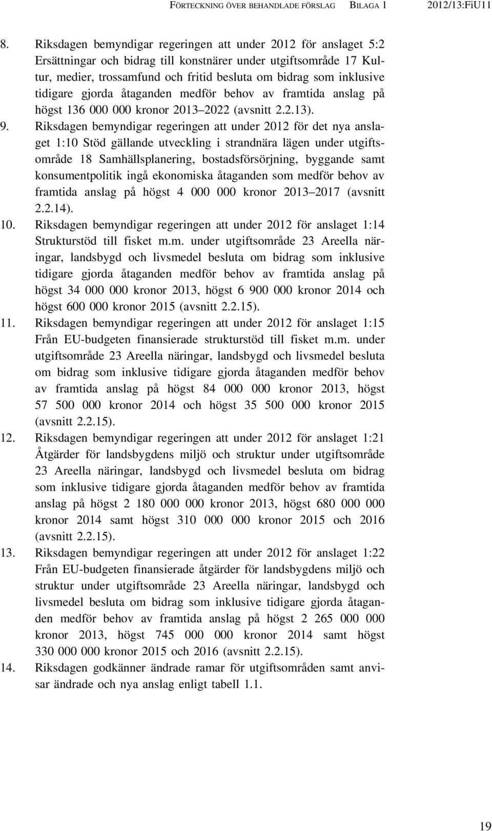 tidigare gjorda åtaganden medför behov av framtida anslag på högst 136 000 000 kronor 2013 2022 (avsnitt 2.2.13). 9.