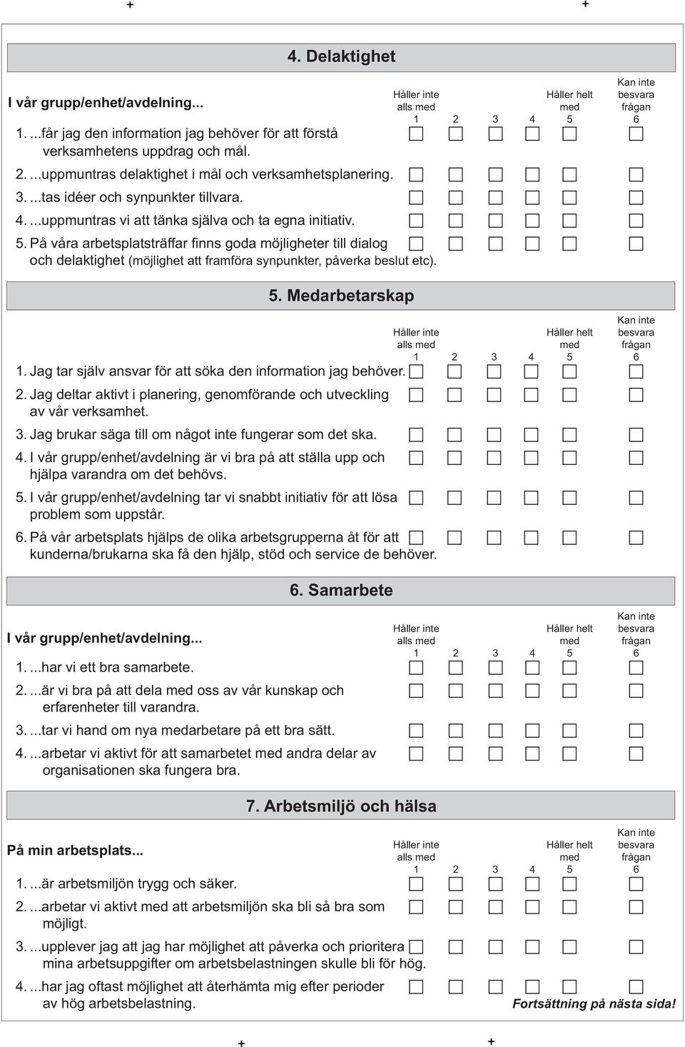 På våra arbetsplatsträffar finns goda möjligheter till dialog c c c c c c och delaktighet (möjlighet att framföra synpunkter, påverka beslut etc). 5. Medarbetarskap 1.