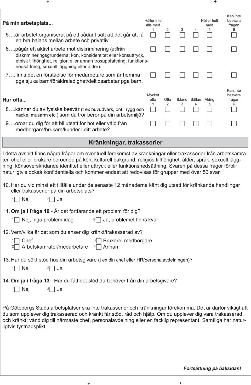 funktionsnedsättning, sexuell läggning eller ålder). 7....finns det en förståelse för medarbetare som är hemma c c c c c c pga sjuka barn/föräldraledighet/deltidsarbetar pga barn. besvara Hur ofta.