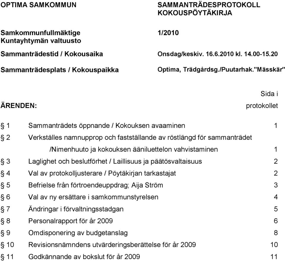 vahvistaminen 1 3 Laglighet och beslutförhet / Laillisuus ja päätösvaltaisuus 2 4 Val av protokolljusterare / Pöytäkirjan tarkastajat 2 5 Befrielse från förtroendeuppdrag; Aija Ström 3 6 Val av ny