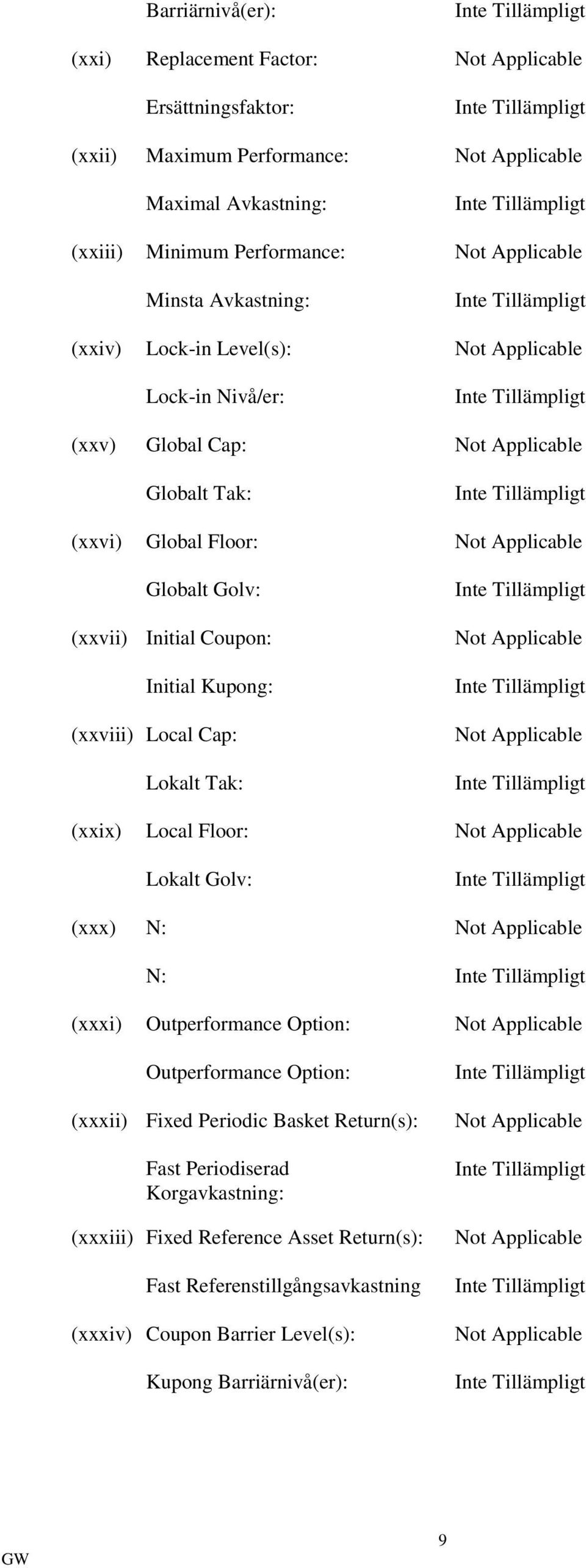 Kupong: (xxviii) Local Cap: Lokalt Tak: Not Applicable Not Applicable (xxix) Local Floor: Not Applicable Lokalt Golv: (xxx) N: Not Applicable N: (xxxi) Outperformance Option: Not Applicable