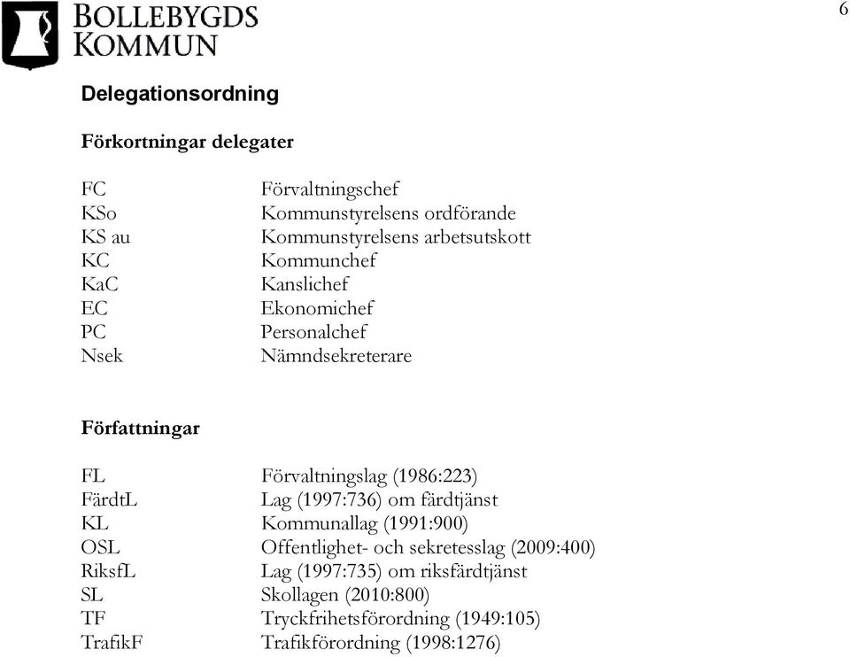 Förvaltningslag (1986:223) FärdtL Lag (1997:736) om färdtjänst KL Kommunallag (1991:900) OSL Offentlighet- och sekretesslag