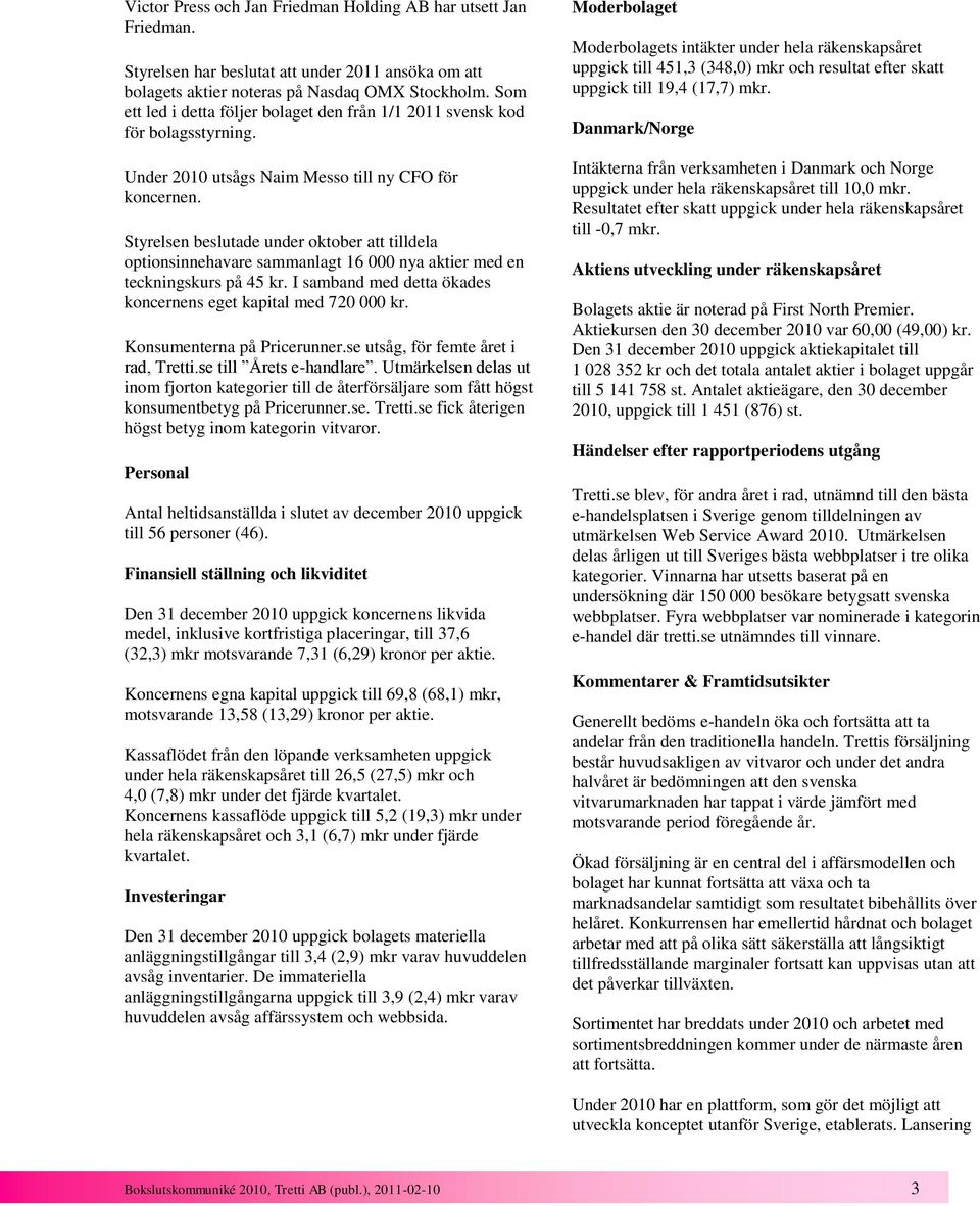 Styrelsen beslutade under oktober att tilldela optionsinnehavare sammanlagt 16 000 nya aktier med en teckningskurs på 45 kr. I samband med detta ökades koncernens eget kapital med 720 000 kr.