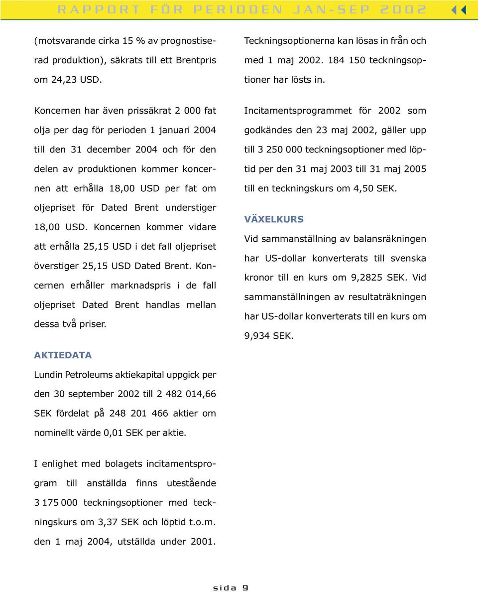 Koncernen har även prissäkrat 2 000 fat olja per dag för perioden 1 januari 2004 till den 31 december 2004 och för den delen av produktionen kommer koncernen att erhålla 18,00 USD per fat om